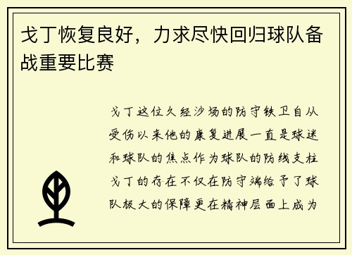 戈丁恢复良好，力求尽快回归球队备战重要比赛